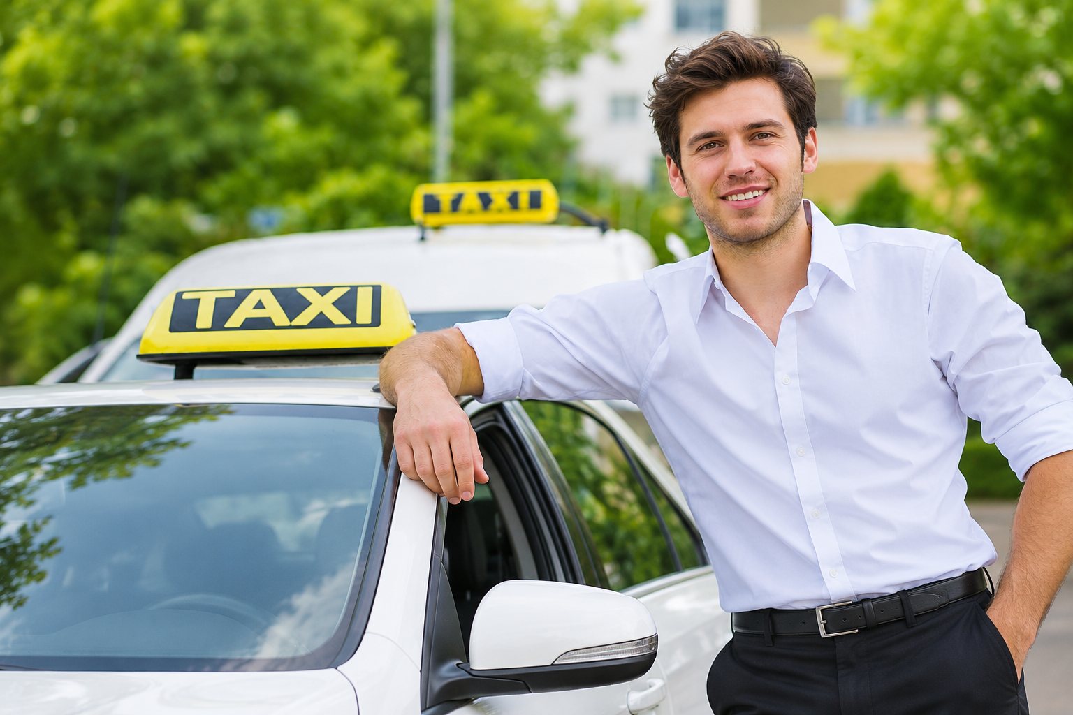 Un chauffeur de taxi en chemise blanche sourit, accoudé devant une voiture surmontée d'enseignes jaunes TAXI.