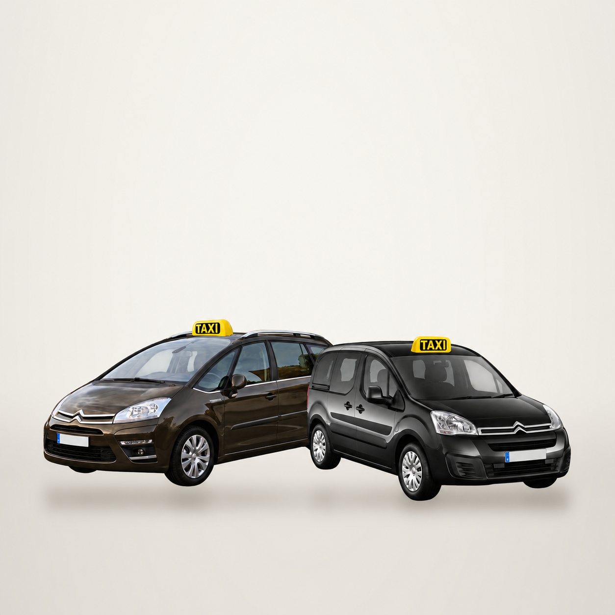 Deux véhicules taxi noirs avec enseigne lumineuse sur le toit, un 7 places et un 5 places.
